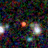 Colour composite: F444W red, F356W green, F277W blue, 3.2 arcsec across, north up