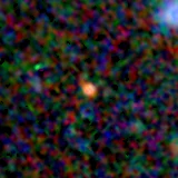Colour composite: F444W red, F356W green, F277W blue, 3.2 arcsec across, north up