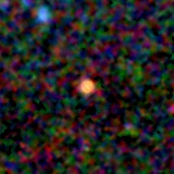 Colour composite: F444W red, F356W green, F277W blue, 3.2 arcsec across, north up