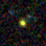 Colour composite: F444W red, F356W green, F277W blue, 3.2 arcsec across, north up
