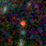Colour composite: F444W red, F356W green, F277W blue, 3.2 arcsec across, north up