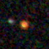 Colour composite: F444W red, F356W green, F277W blue, 3.2 arcsec across, north up