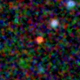 Colour composite: F444W red, F356W green, F277W blue, 3.2 arcsec across, north up