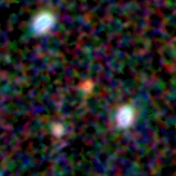 Colour composite: F444W red, F356W green, F277W blue, 3.2 arcsec across, north up