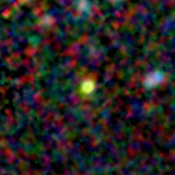 Colour composite: F444W red, F356W green, F277W blue, 3.2 arcsec across, north up