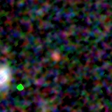 Colour composite: F444W red, F356W green, F277W blue, 3.2 arcsec across, north up