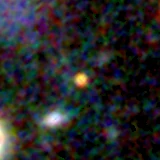 Colour composite: F444W red, F356W green, F277W blue, 3.2 arcsec across, north up