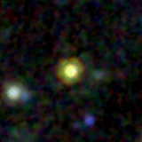 Colour composite: F444W red, F356W green, F277W blue, 3.2 arcsec across, north up
