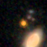 Colour composite: F444W red, F356W green, F277W blue, 3.2 arcsec across, north up