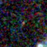 Colour composite: F444W red, F356W green, F277W blue, 3.2 arcsec across, north up