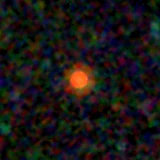 Colour composite: F444W red, F356W green, F277W blue, 3.2 arcsec across, north up