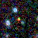 Colour composite: F444W red, F356W green, F277W blue, 3.2 arcsec across, north up