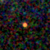 Colour composite: F444W red, F356W green, F277W blue, 3.2 arcsec across, north up