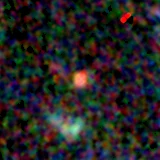 Colour composite: F444W red, F356W green, F277W blue, 3.2 arcsec across, north up