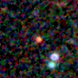 Colour composite: F444W red, F356W green, F277W blue, 3.2 arcsec across, north up