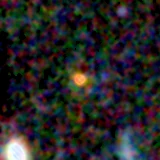 Colour composite: F444W red, F356W green, F277W blue, 3.2 arcsec across, north up
