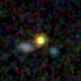 Colour composite: F444W red, F356W green, F277W blue, 3.2 arcsec across, north up