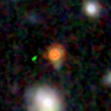 Colour composite: F444W red, F356W green, F277W blue, 3.2 arcsec across, north up