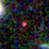 Colour composite: F444W red, F356W green, F277W blue, 3.2 arcsec across, north up