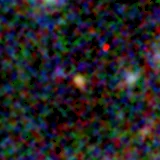Colour composite: F444W red, F356W green, F277W blue, 3.2 arcsec across, north up