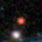 Colour composite: F444W red, F356W green, F277W blue, 3.2 arcsec across, north up