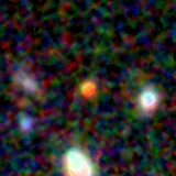 Colour composite: F444W red, F356W green, F277W blue, 3.2 arcsec across, north up