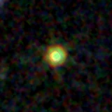Colour composite: F444W red, F356W green, F277W blue, 3.2 arcsec across, north up
