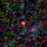 Colour composite: F444W red, F356W green, F277W blue, 3.2 arcsec across, north up