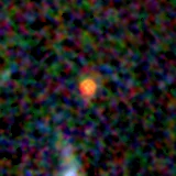 Colour composite: F444W red, F356W green, F277W blue, 3.2 arcsec across, north up