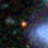 Colour composite: F444W red, F356W green, F277W blue, 3.2 arcsec across, north up
