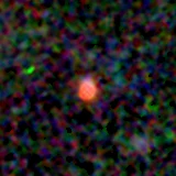 Colour composite: F444W red, F356W green, F277W blue, 3.2 arcsec across, north up
