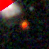 Colour composite: F444W red, F356W green, F277W blue, 3.2 arcsec across, north up