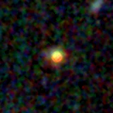 Colour composite: F444W red, F356W green, F277W blue, 3.2 arcsec across, north up