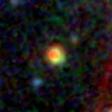 Colour composite: F444W red, F356W green, F277W blue, 3.2 arcsec across, north up