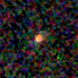 Colour composite: F444W red, F356W green, F277W blue, 3.2 arcsec across, north up