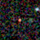 Colour composite: F444W red, F356W green, F277W blue, 3.2 arcsec across, north up