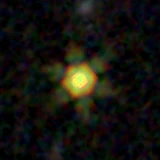 Colour composite: F444W red, F356W green, F277W blue, 3.2 arcsec across, north up