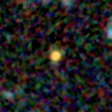 Colour composite: F444W red, F356W green, F277W blue, 3.2 arcsec across, north up