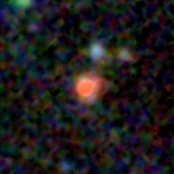 Colour composite: F444W red, F356W green, F277W blue, 3.2 arcsec across, north up