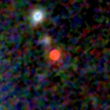 Colour composite: F444W red, F356W green, F277W blue, 3.2 arcsec across, north up