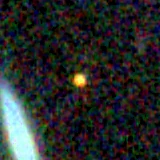 Colour composite: F444W red, F356W green, F277W blue, 3.2 arcsec across, north up