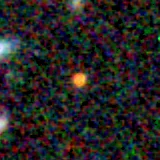 Colour composite: F444W red, F356W green, F277W blue, 3.2 arcsec across, north up
