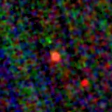 Colour composite: F444W red, F356W green, F277W blue, 3.2 arcsec across, north up