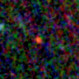 Colour composite: F444W red, F356W green, F277W blue, 3.2 arcsec across, north up