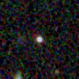 Colour composite: F444W red, F356W green, F277W blue, 3.2 arcsec across, north up