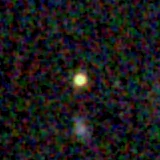 Colour composite: F444W red, F356W green, F277W blue, 3.2 arcsec across, north up