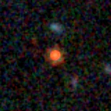 Colour composite: F444W red, F356W green, F277W blue, 3.2 arcsec across, north up