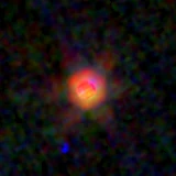 Colour composite: F444W red, F356W green, F277W blue, 3.2 arcsec across, north up