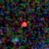 Colour composite: F444W red, F356W green, F277W blue, 3.2 arcsec across, north up