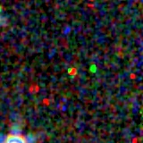 Colour composite: F444W red, F356W green, F277W blue, 3.2 arcsec across, north up